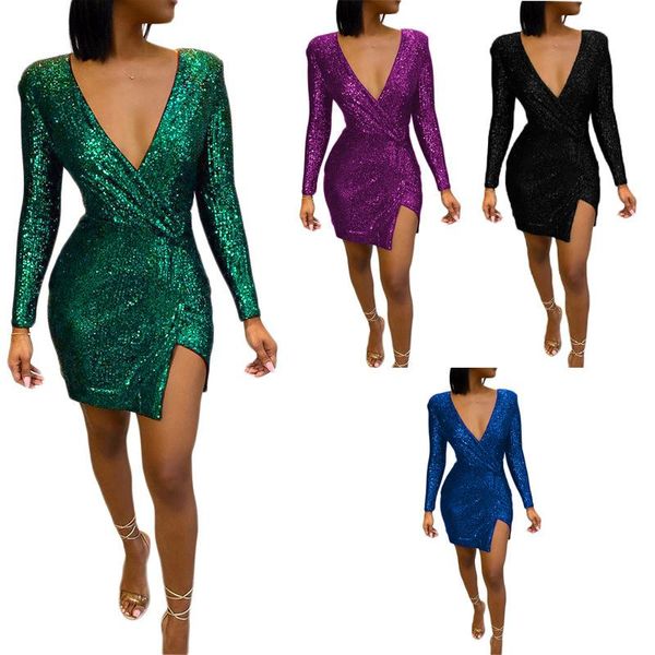 

casual dresses women plus size bandage sequins bodycon dress party lady deep v wrap ruched long sleeve nightclub vestidos, Black;gray