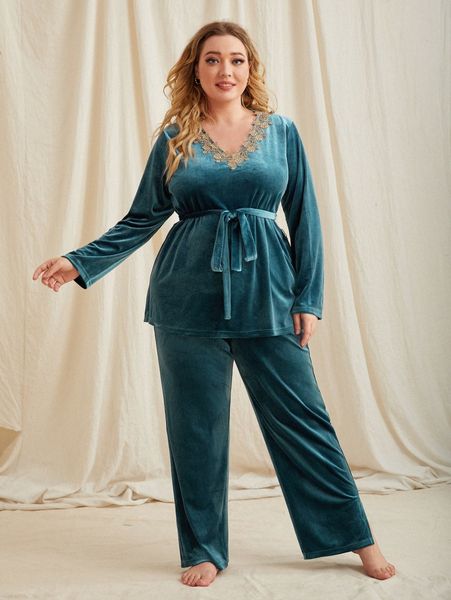 

plus applique detail velvet & pants pj set 85cf#, Black;white