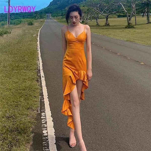 

ldyrwqy summer thailand beach sling fashion v-neck slim solid color dress office lady polyester 210416, Black;gray