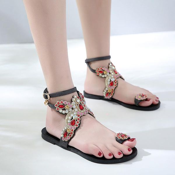 

summer crystal butterfly flat sandals big rhinestone clip toe roma gladiator sandalias women cross ankle strap sandalet y576, Black