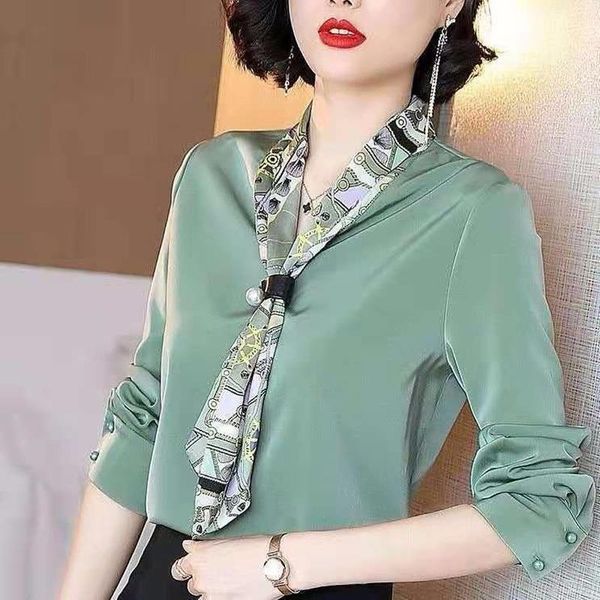 

long womens shirts sleeved scarf collar printed shirt chiffon female fashion stitching simple style loose pullover blouses women spring, White