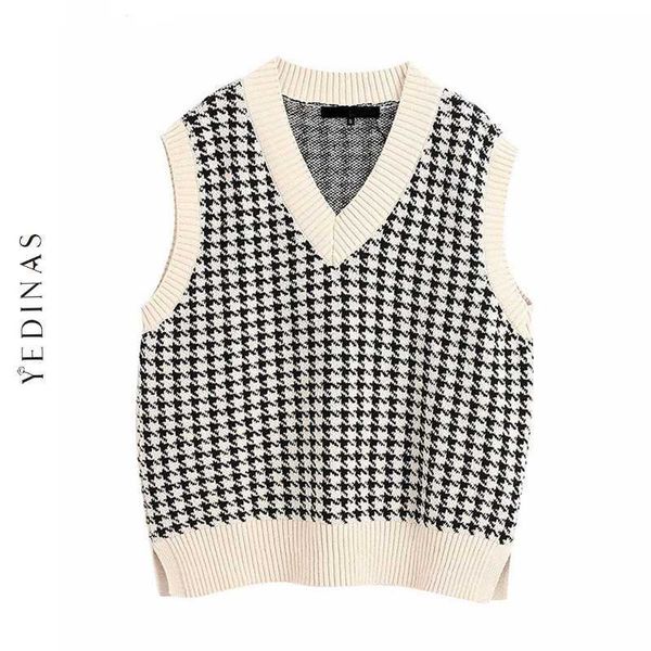 

yedinas women vest sweater v neck sleeveless knitted sweaters loose vintage female waistcoat houndstooth chic oversize 210527, White;black