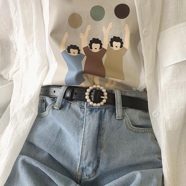 

belts small pearl round buckle belt women's outer wear tight waist thin looking fashion student jeans strap decoration, Black;brown