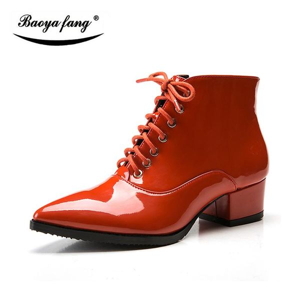 

boots baoyafang patend leather womens winter low block heel woman short plush insole zipper shoes, Black