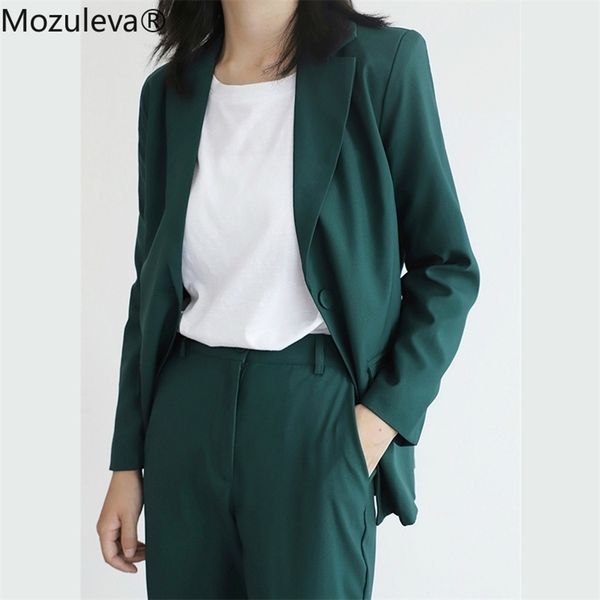

vintage green women suits long sleeve one button pants suit office ladies 2 piece blazer sets femme 210416, White