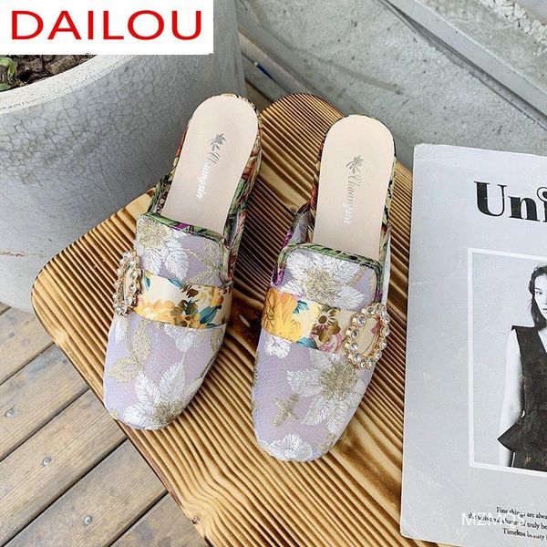 

retro square high heel women slippers flower embroidery summer shoes fashion platform sandals comfortable casual, Black