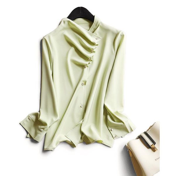 

women's jackets elegant pleated french slant collar satin light sensitive shirt pure chiffon long sleeve in spring and summer, Black;brown