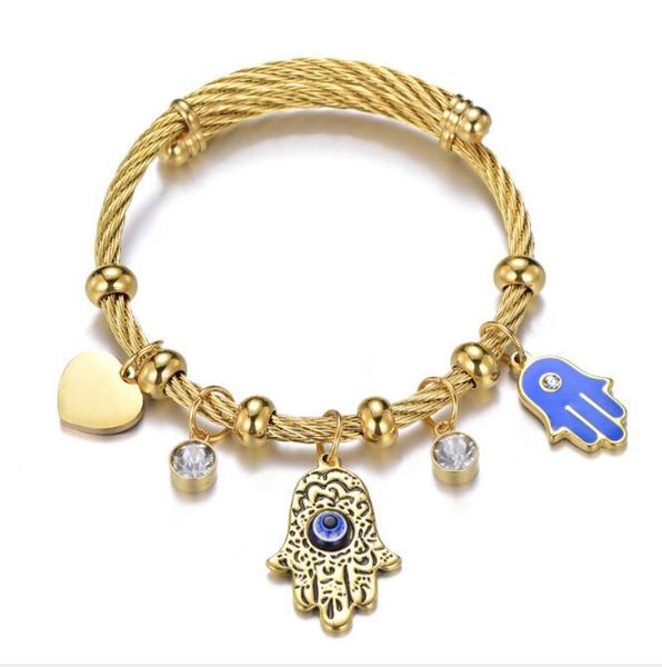 

wt-reb001 fashion women islamic turkish blue stainless steel eye fatima's hand evil bracelet, Golden;silver