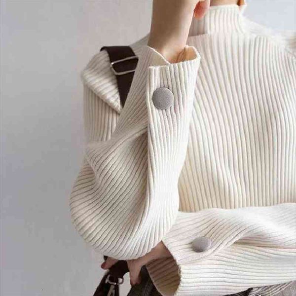 

women turtleneck sweater knitted autumn winter chic all-match jumper button loose casual long sleeve pullovers, White;black