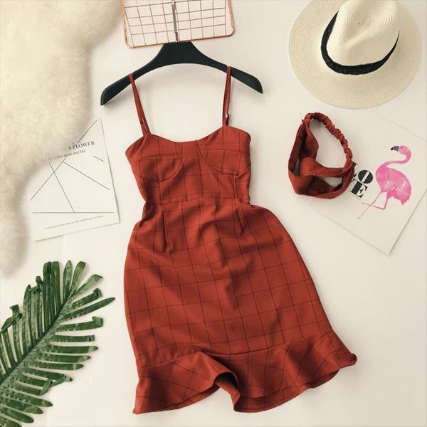 

fashion strap plaid v neck womens dresses high waist ruffled short, Black;gray