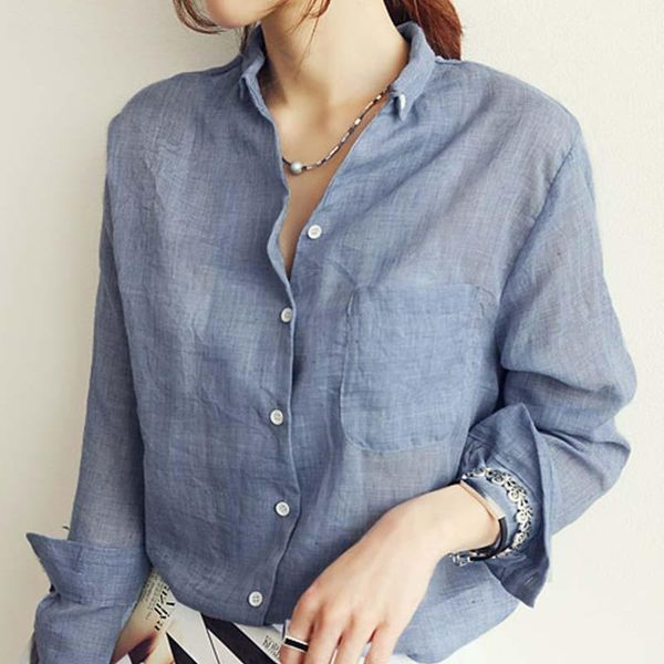 

fashion comfortable korean long sleeve blouses elastic blue linen womens white 1pc gray soft shirt
