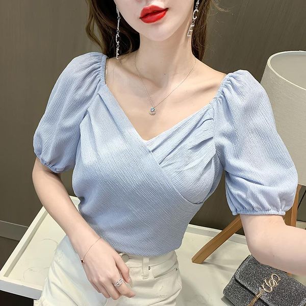 

women's blouses & shirts french bubble sleeve design in summer 2021 v-neck shirt short, White