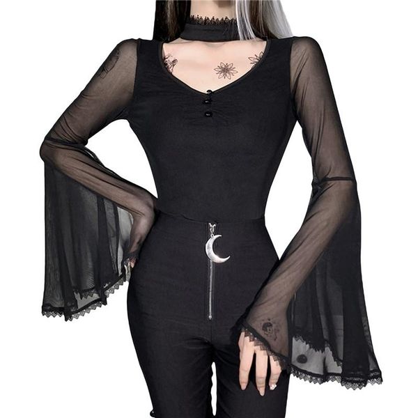 

women's blouses & shirts xingqing gothic retro bodycon female v-neck elegant blouse women flare long sleeve lace hollow out bl, White