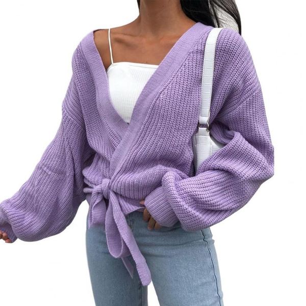 

women's knits & tees casual autumn winter women solid color v neck knitwear loose breathable soft lace up long lantern sleeve cardigan, White