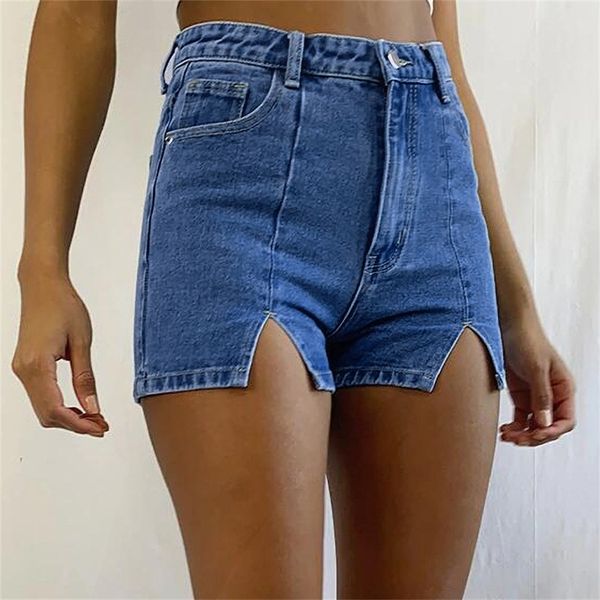 

summer fashion high waist slit elastic denim shorts, Blue