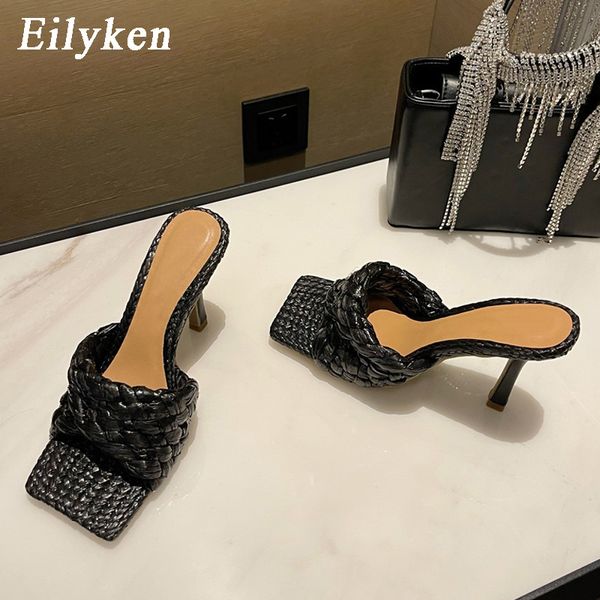 Eilyken 2021 Neue Sommer Design Weben Karree Heels Hohe Qualität Hausschuhe Gladiator Strand Frauen Sandale Rutschen Schuhe dadetethot