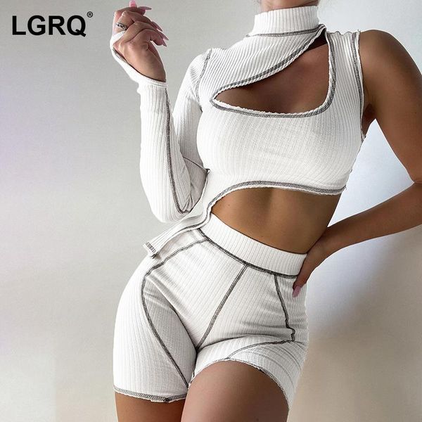 

women's tracksuits [lgrq] one shoulder white hollow out skinny shorts two piece suit women fashion tide autumn spring 2021 19d2876, Gray