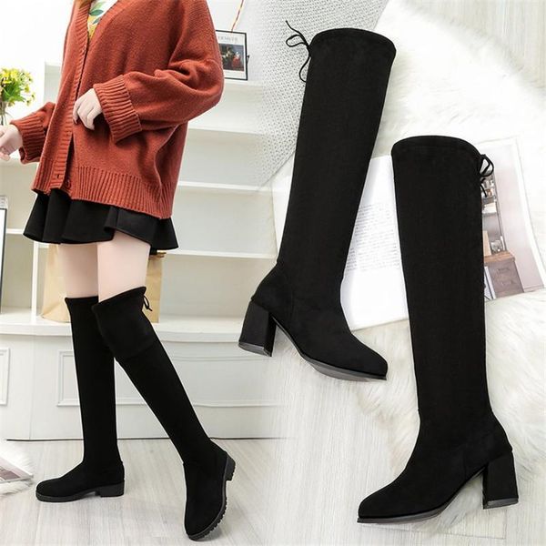 

black flock leather women over the knee boots lace up high heels spring autumn woman shoes botas mujer size 35-40