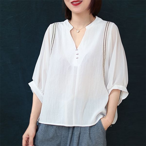 

summer arts style women stripe spliced loose v-neck shirts femme casual white blouse plus size blusas femininas s695 210512