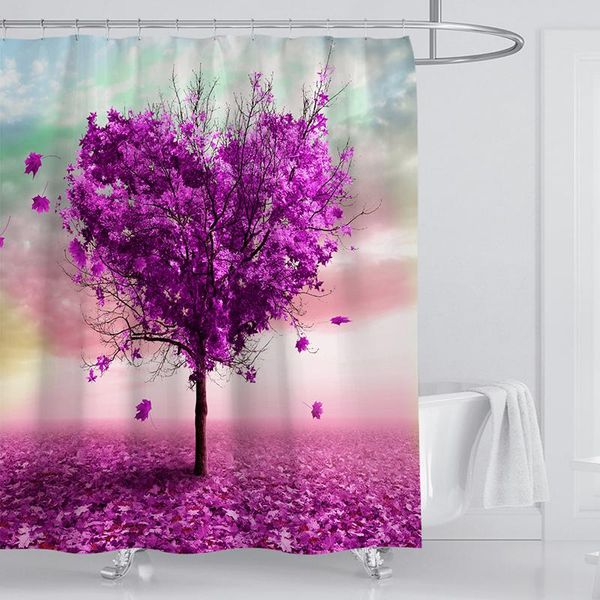 

purple love tree shower curtains bathroom curtain 3d pink leaves fabric waterproof bath with 12 hooks