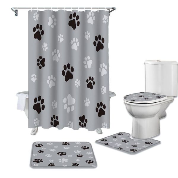 

black grey dog footprint art waterproof shower curtains set bathroom curtain and rug sets