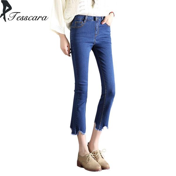 

women's jeans brand women skinny slim flare female black plus size denim pants lady elasticity bsk causal jean outwear ripped bottom, Blue