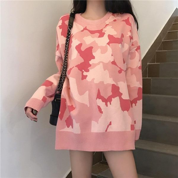 

women's sweaters fashion autumn winter dress womens o-neck loose knitted oversized camouflage sweater jumper, White;black