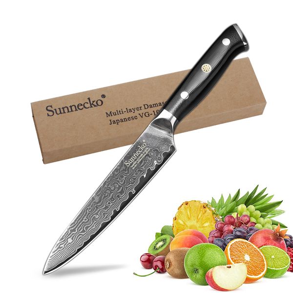 

sunnecko 5 inch utiity knife kitchen chef knives 73-ayer japanese damascus vg10 stee sharp bade g10 hande cutter toos