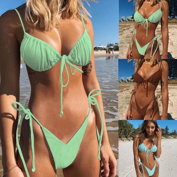 

women's swimwear summer women bandage brazilian bikini set threaded cloth pure color pleated lace bow push-up swimsuit, White;black
