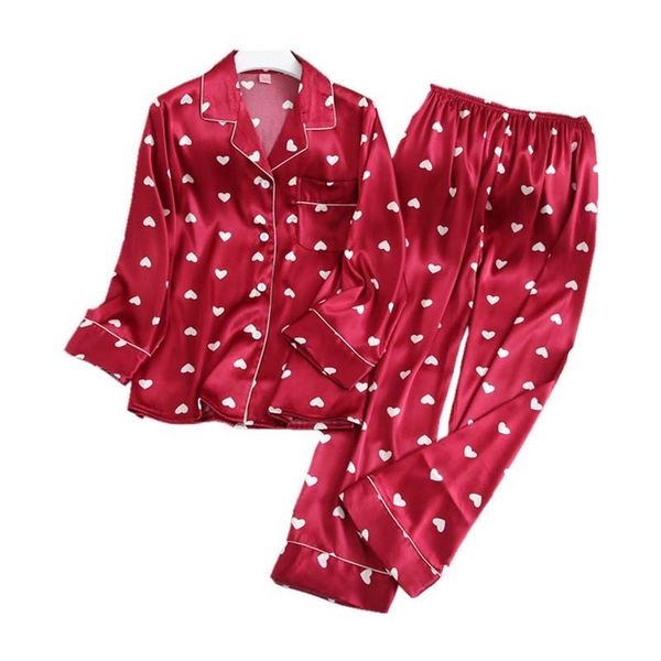

women's sleepwear women simple style 2pcs pajamas set turn-down collar cute heart printed autumn new ice-silk homewear satin casua, Black;red