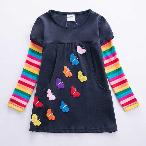 2021 nuove ragazze abiti a maniche lunghe neonate abiti invernali colore a strisce farfalla bambini abbigliamento in cotone abiti casual 3-8Y G1026