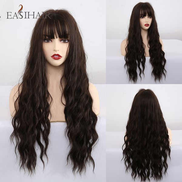 

long dark brown synthetic wigs for women water wave cosplay wigs with bangs heat resistant pink fake hair natural wigs, Black