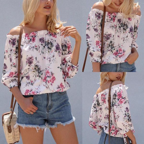 

women blouses lady off shoulder ruffle long sleeve women's summer blouse 2021 floral with print loose casual & shirts, White