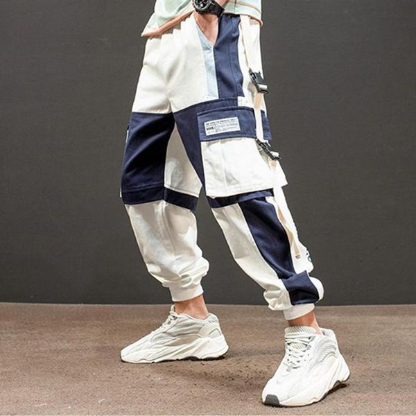 

men's pants men sweatshirts jogging casual stylish multi pockets straps patchwork ankle tied long cargo trousers, Black