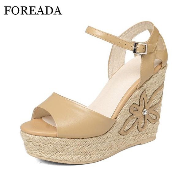 

genuine leather shoes women sandals platform wedge heels flower party real high, Black