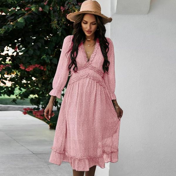 

arrive 2021 spring summer dress women v neck floral print swing fashion casual pleated mid-calf dresses, Black;gray