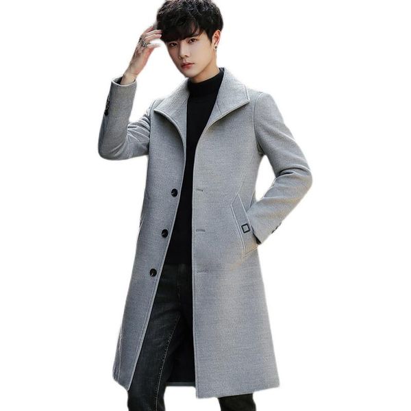 

men's wool & blends 2021autumn and winter plus cotton thick mid-length woolen solid color coat trendy windbreaker, Black