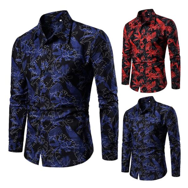 

men's casual shirts mens turn down collar long sleeve leaf print slim plus size shirt men fashion male social business dress, White;black