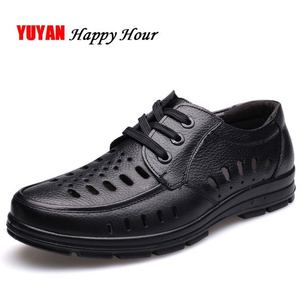 

fashion genuine leather shoes men summer sandals hollow mens sandals male brand casual footwear zhk288, Black