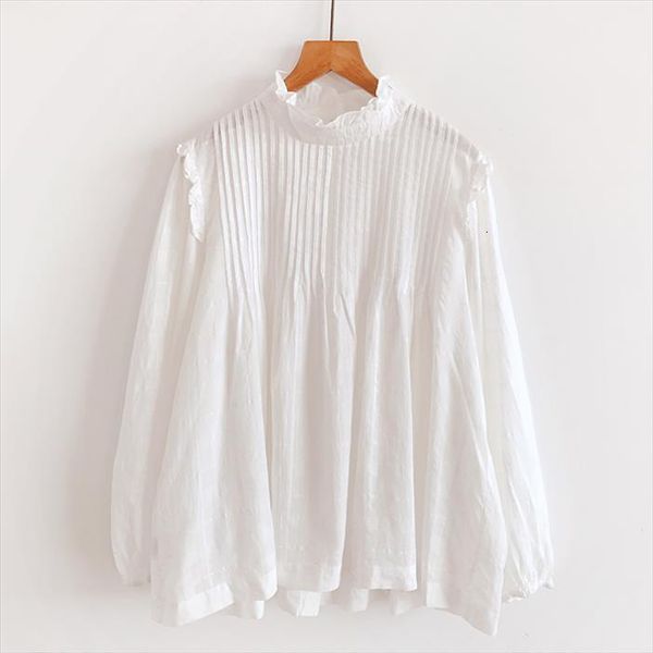 

autumn korea style organ women shirts pleats loose white stand collar long sleeve shirt