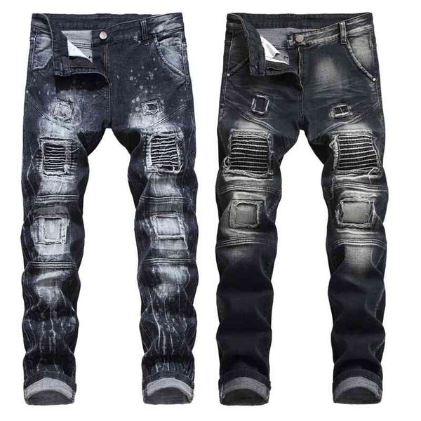 

men's stretch black jeans motorcycle hole stitching men's jeans pants, Blue