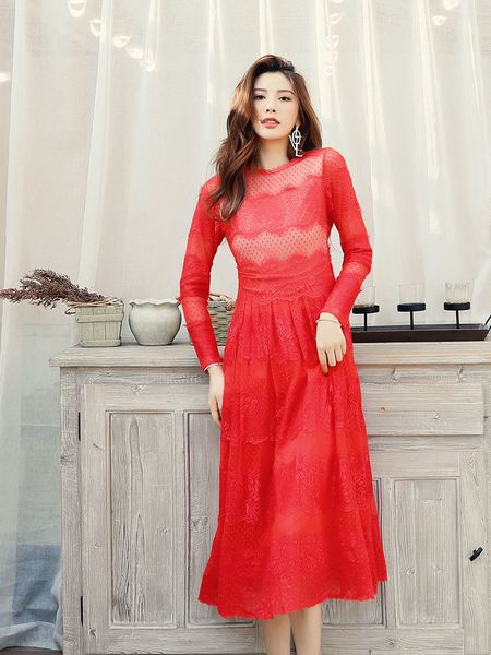 

dresses spring fashion women o-neck polka dot print long sleeve mid-calf length red lace elegant, Black;gray