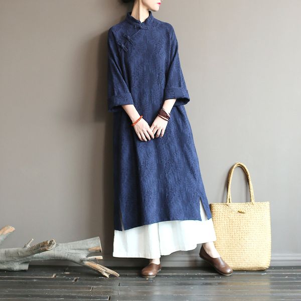 

Johnature New 2021 Spring Vintage Plate Buckle Solid Color Cotton Linen Robe Dresses Full Sleeve Stand Collar Women Dresses, Blue