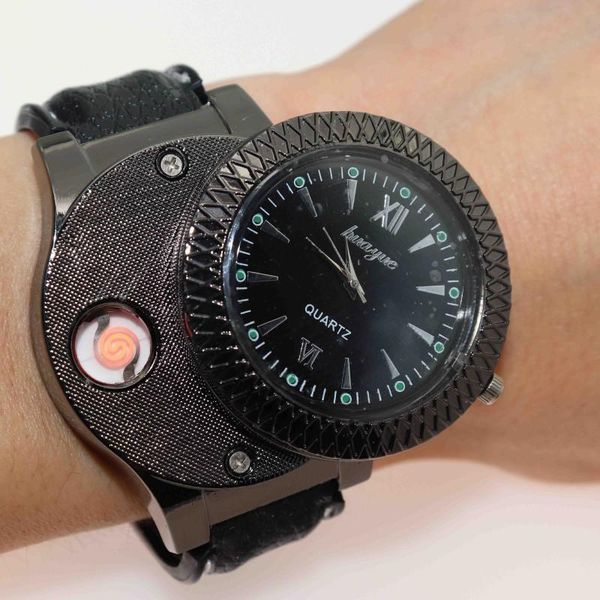 

wristwatches 2021 men usb charging windproof flameless cigarette lighter watches clock reloj hombre relogio masculino, Slivery;brown