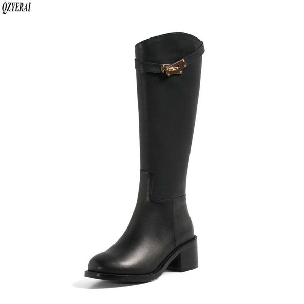 

boots the genuine leather women knee brand motorcycle autumn and winter women's shoes, Black