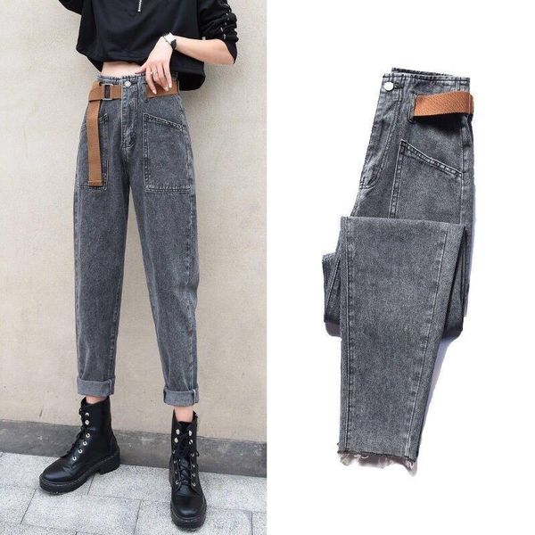 

women's jeans 2021 women spring casual solid straight pants female loose sashes high waist washed harem lady elegant denim trousers f92, Blue