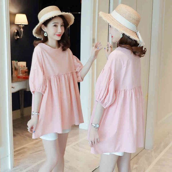 

shirts 7202# sweet summer cotton maternity blouse large size loose tunic clothes for pregnant women pregnancy shirt + shorts suits, White