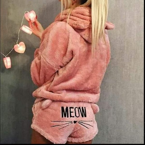 

womens tracksuits winter women flannel pajamas set bear hooded warm coral fleece sleepwear, Gray