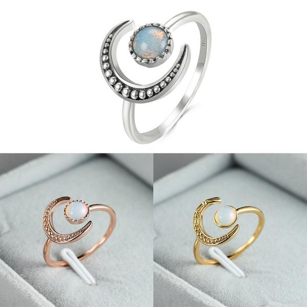 

wedding rings trendy classic moon bright small antique punk jewelry natural moonstone ring charm engagement anillos mujer adjustment, Slivery;golden