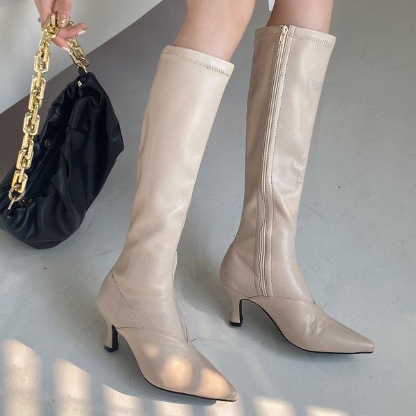 

boots round toe women high heels shoes boots-women stiletto low rubber pointy over-the-knee white ladies 2021 solid microfiber, Black